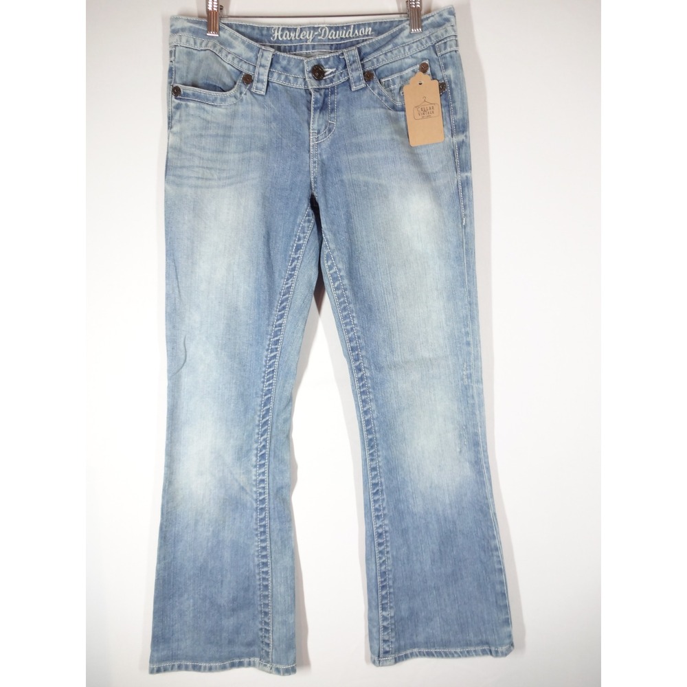 VTG Y2K Harley Davidson Jeans Women 7 Blue Low Rise Bootcut Biker Moto Denim
